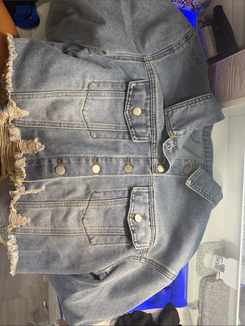 Amazon Light Blue Distressed Fringe Denim Jacket